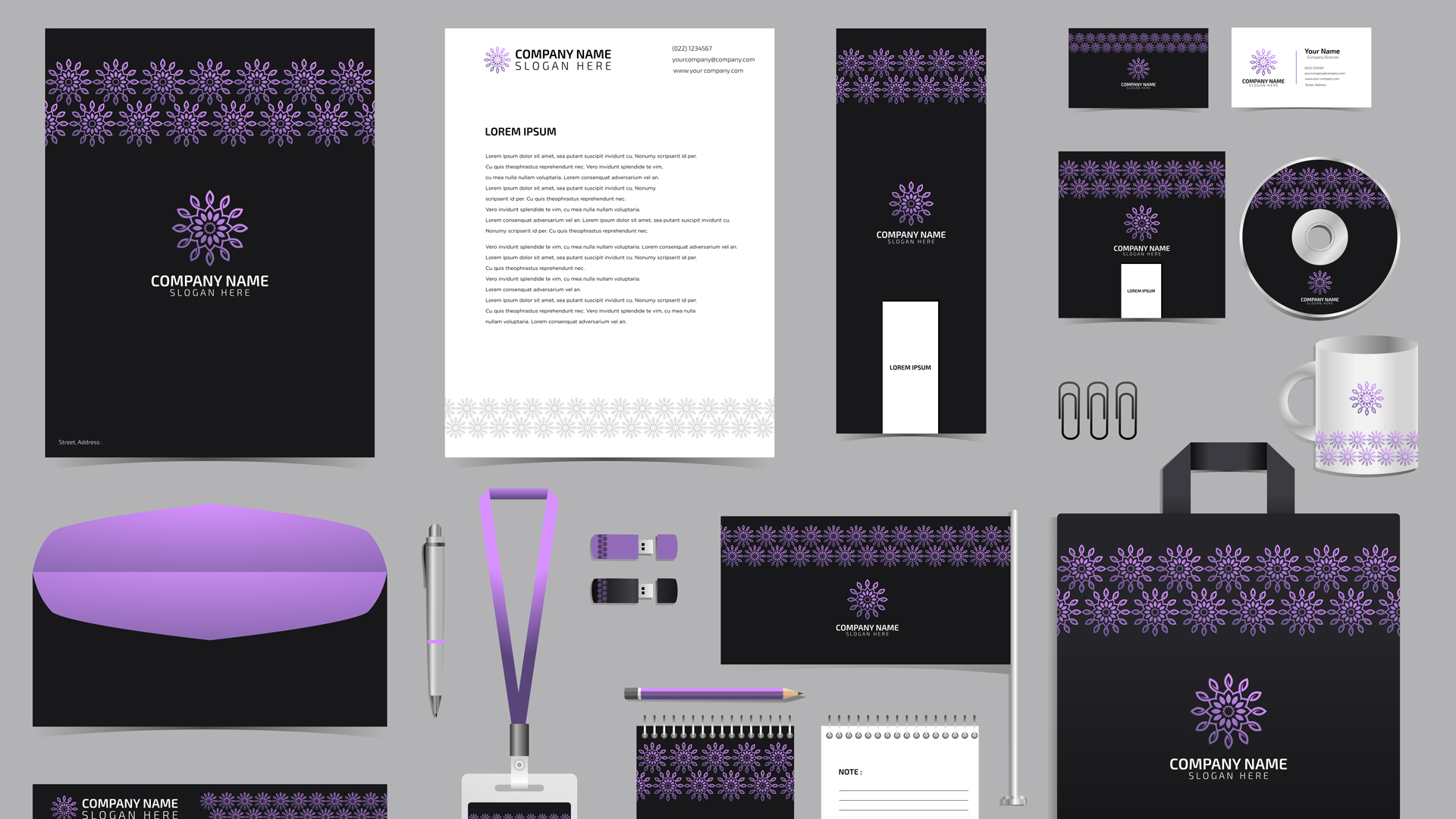 Brand identity system presented across coordinated stationery and business materials