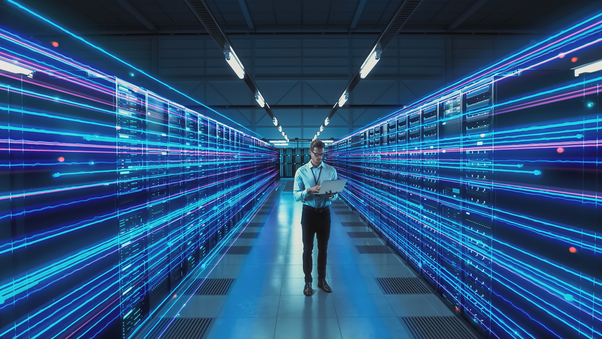 Modern data center with illuminated digital infrastructure
